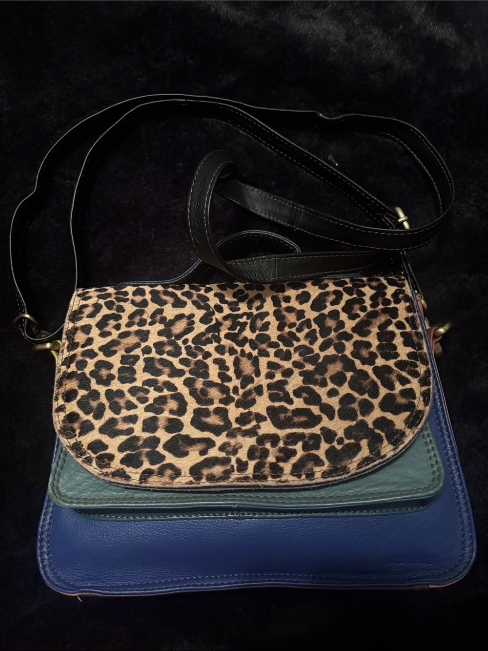 Leopard Print Flap Crossbody with Blue and Teal Panels leather